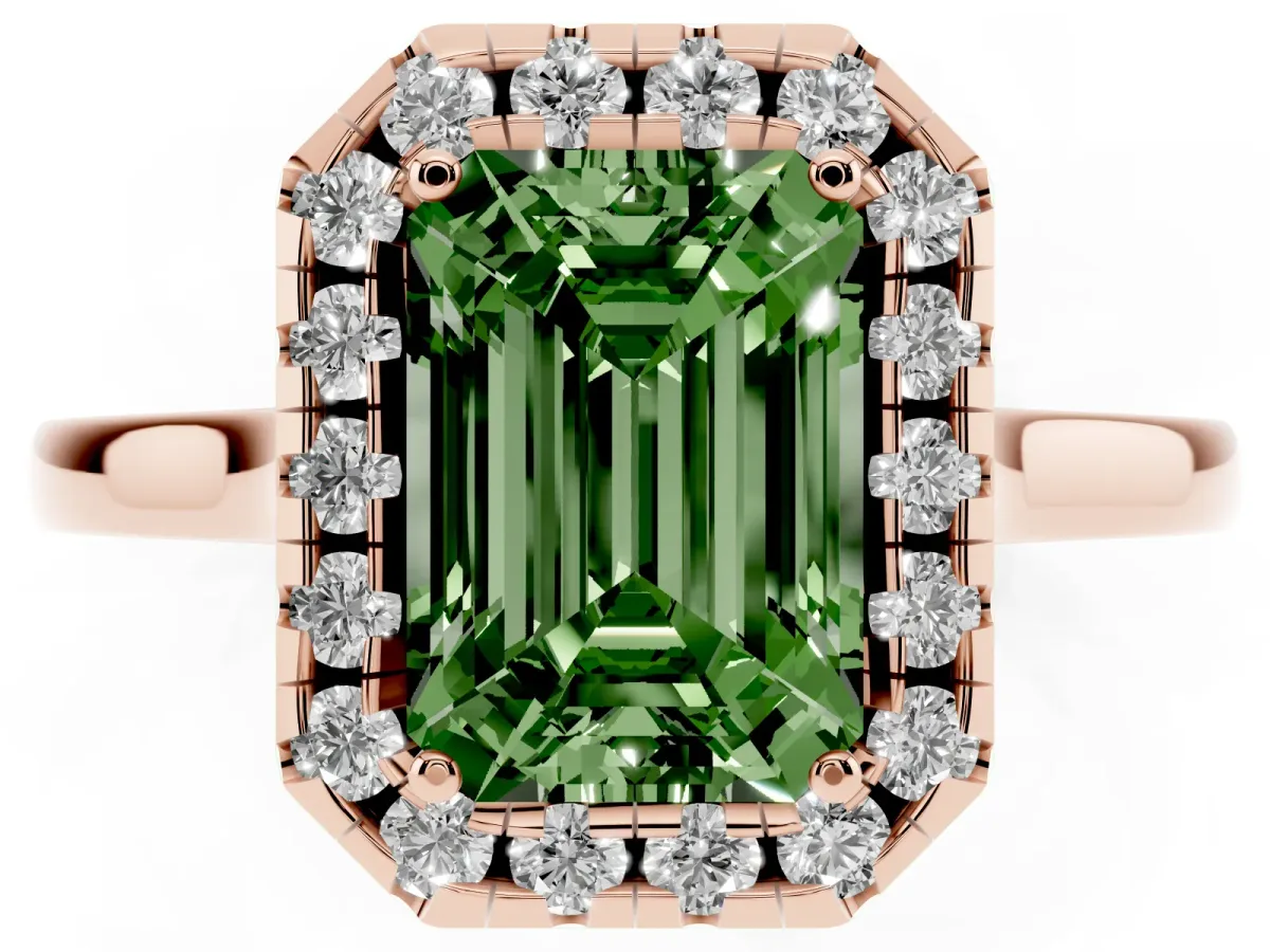 Fancy Green Emerald Cut Halo Round Diamond Solitaire Ring with Pavé Band and Four-Prong Setting Rose gold