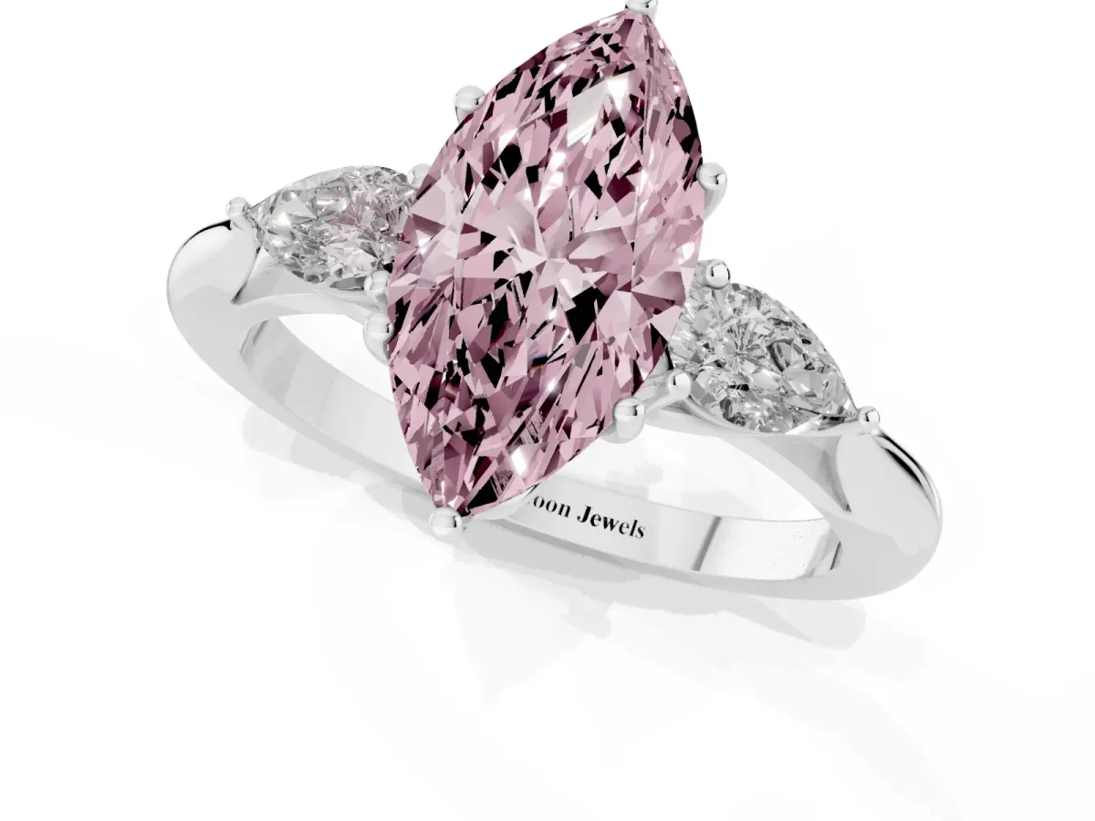 Fancy Pink Marquise Cut Diamond Three-Stone Ring with Pear Side Stones and Prong Setting Silver
