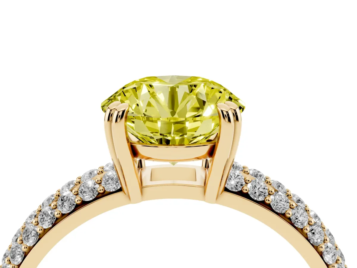 Fancy Yellow Round Cut Diamond Solitaire Ring with Multi-Row Round Pavé Band and Prong Setting Yellow gold