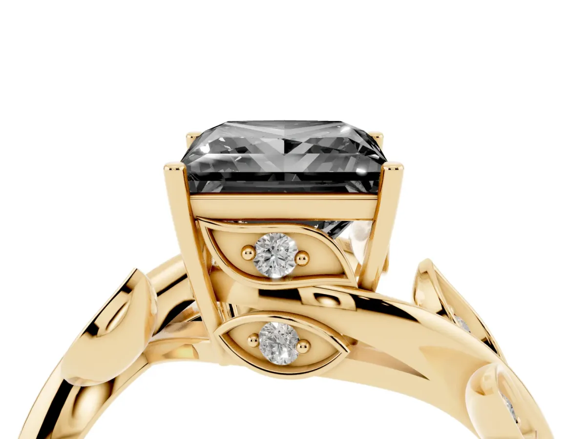 Fancy Black Princess Cut Solitaire Twist Engagement Ring with Leaf Accents and Prong Setting Yellow gold