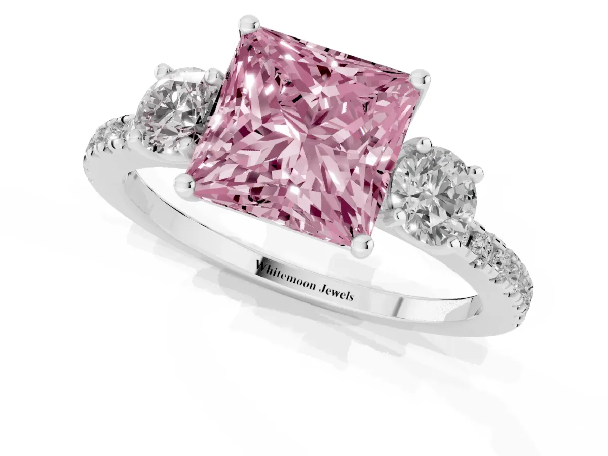 Fancy Pink Three-Stone Princess Cut Cut Diamond Pavé Band with Prong Setting Silver