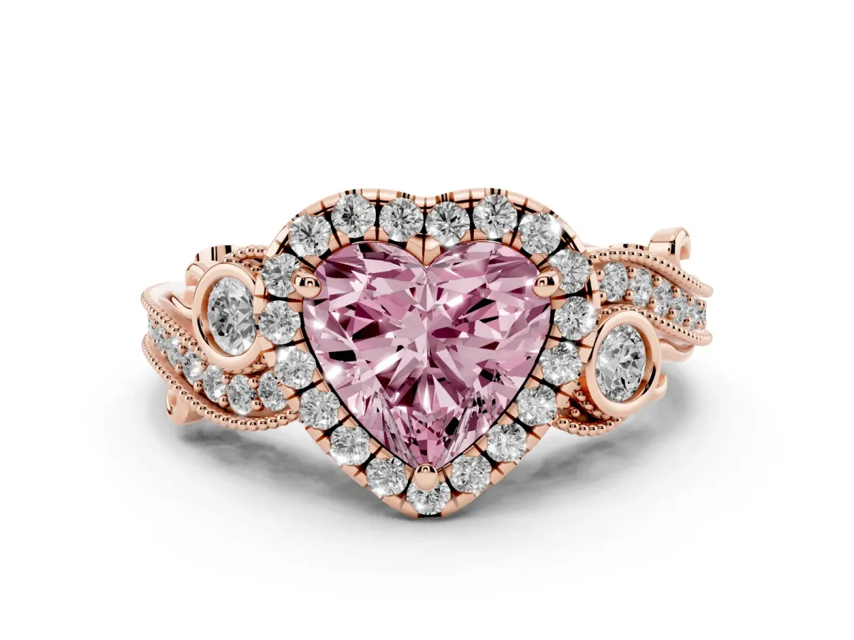 Fancy Pink Heart Cut Halo Diamond Ring with Milgrain and Bezel Accents on a Split Shank Band Rose gold