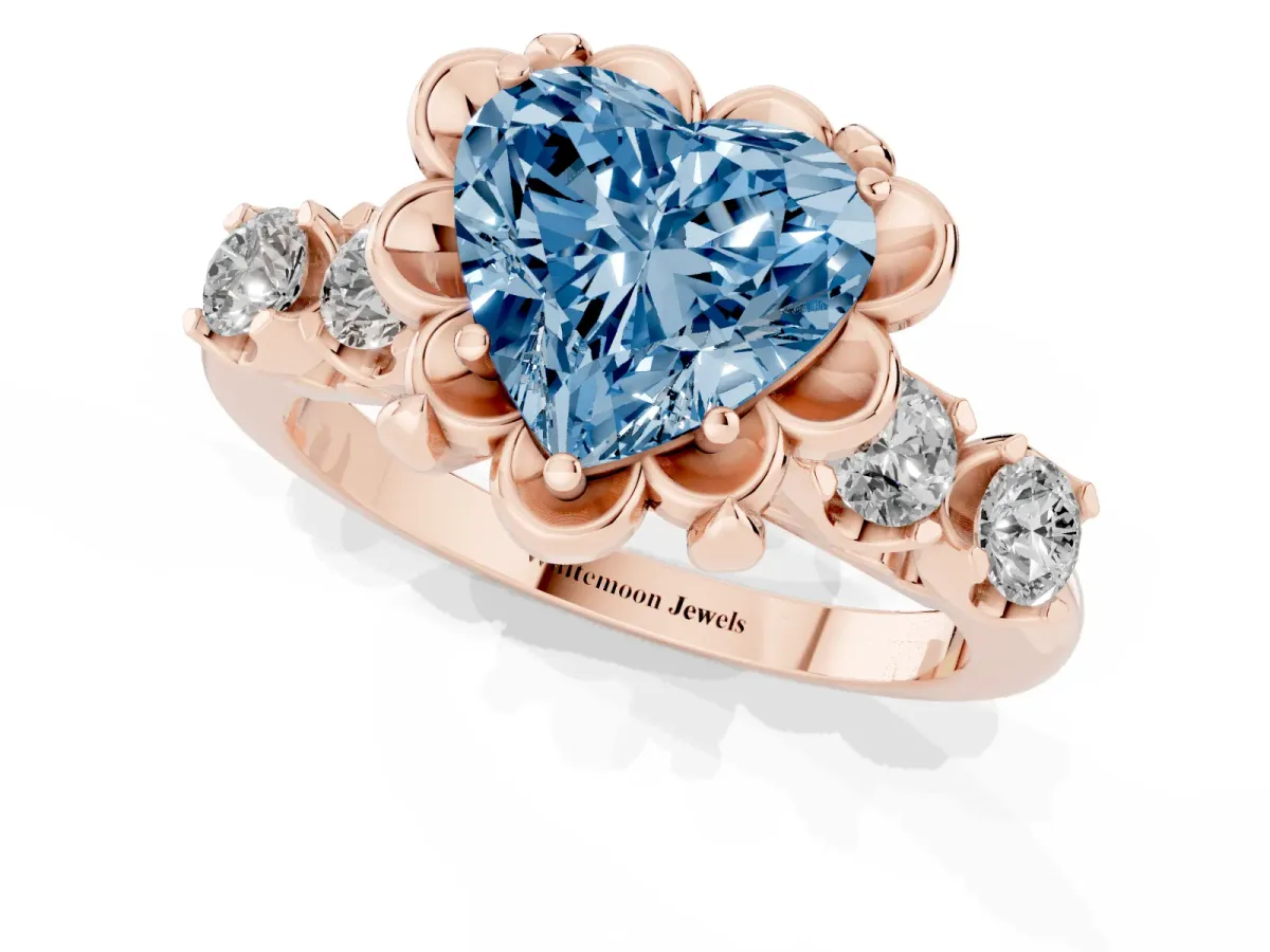 Fancy Blue Heart Cut Cut Diamond Floral Halo Engagement Ring with Shared Prong Setting Rose gold