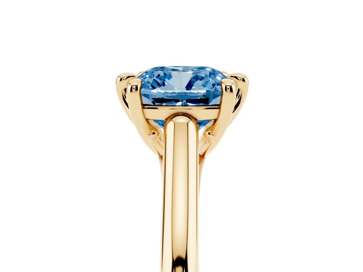 Fancy Blue Cushion Cut Solitaire Engagement Ring with Six-Prong Setting and Classic Band Yellow gold