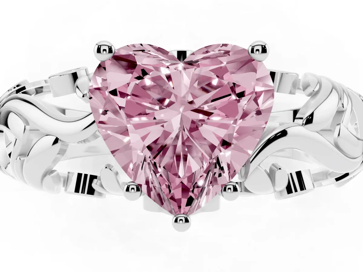 Fancy Pink Heart Cut Solitaire Diamond Leaf-Inspired Vine Band Ring with Prong Setting Platinum