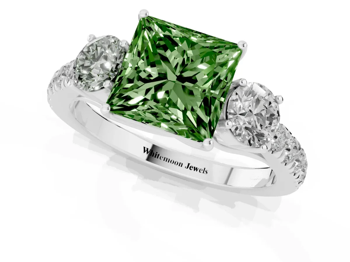 Fancy Green Princess Cut Cut Diamond Three-Stone Ring with Round Side Stones and Pavé Band Silver
