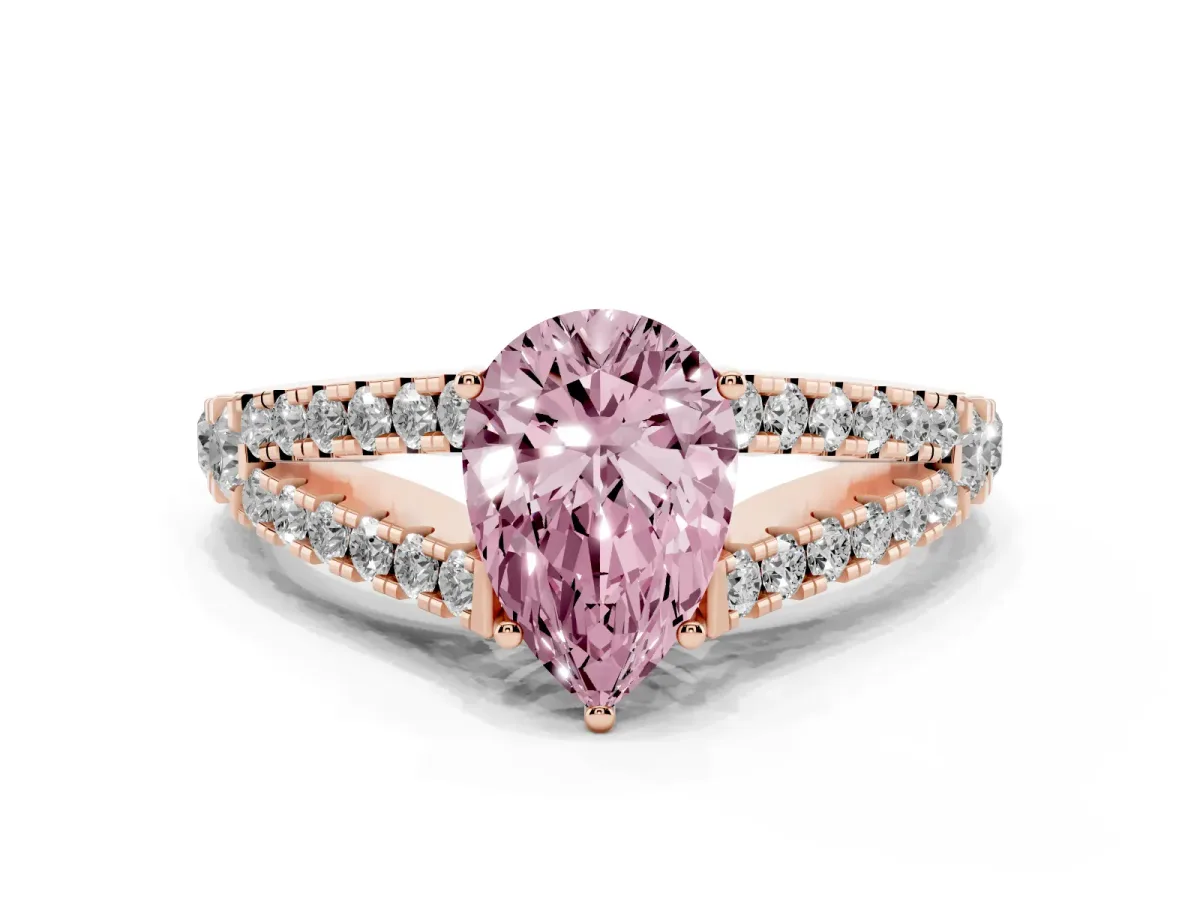Fancy Pink Pear Cut Diamond Split Shank Engagement Ring with Round Pavé and Prong Setting Rose gold