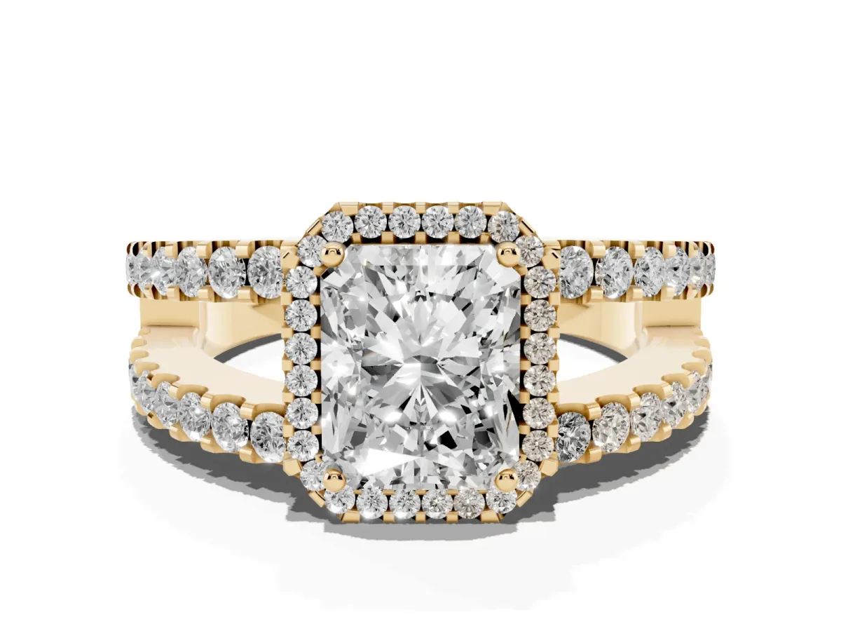 Radiant Cut Cut Halo Split Shank Diamond Ring with Four-Prong Setting Yellow gold