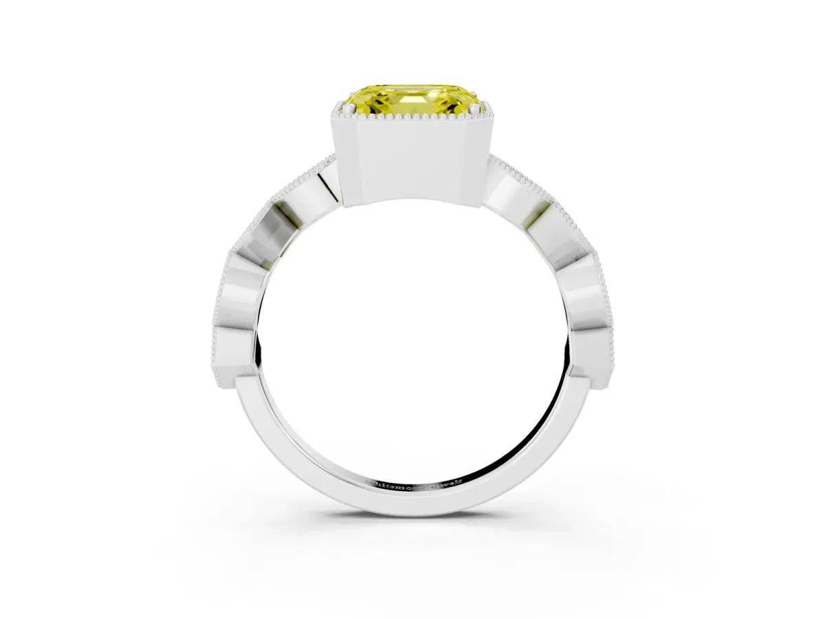 Fancy Yellow Asscher Cut Milgrain Marquise Diamond Twist Band Ring Silver