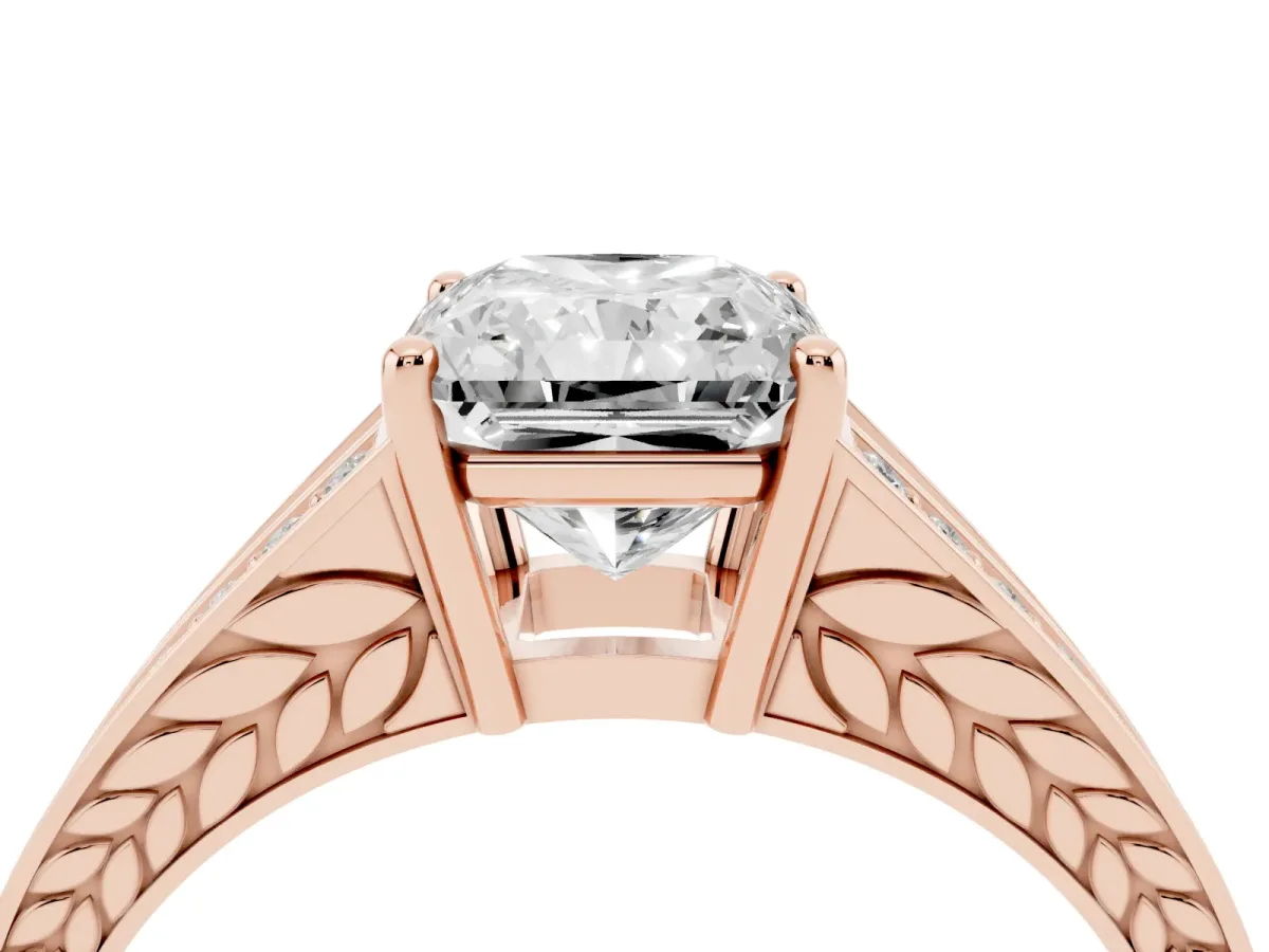 Radiant Cut Diamond Split Shank Ring with Pavé Band and Four-Prong Setting Rose gold