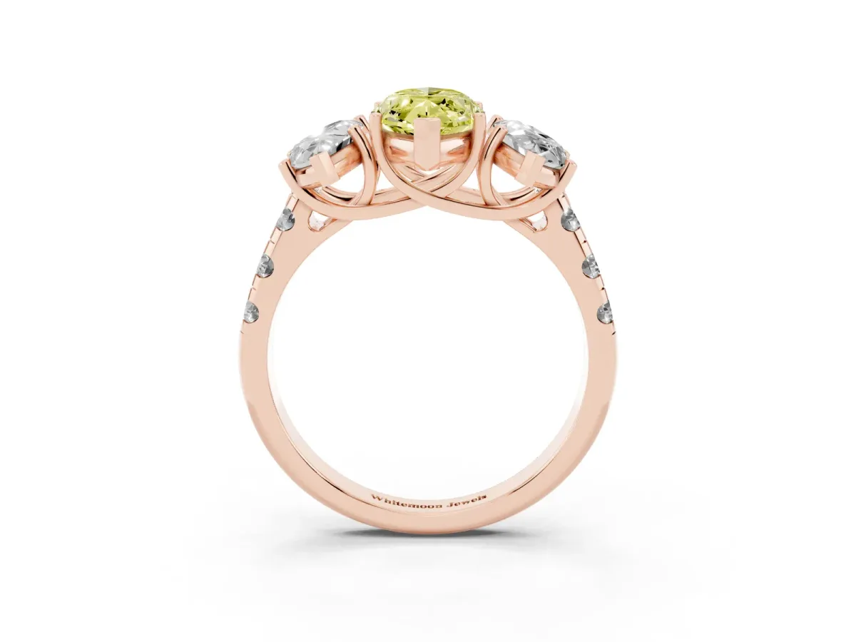 Fancy Yellow Three-Stone Marquise Cut Diamond Pavé Band with Prong Setting Rose gold