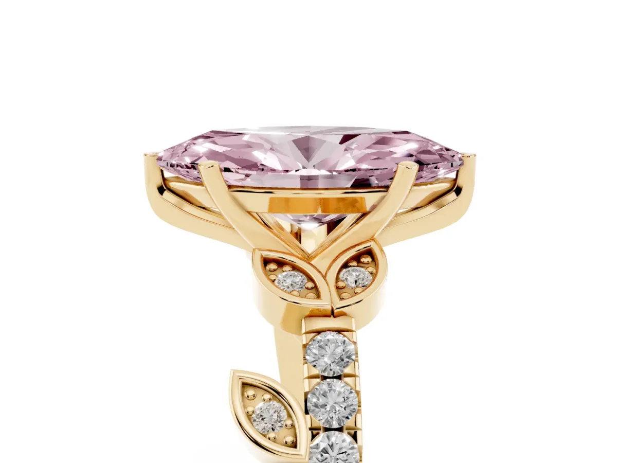 Fancy Pink Marquise Cut Solitaire Leaf-Inspired Diamond Ring with Pavé Band and Four-Prong Setting Yellow gold