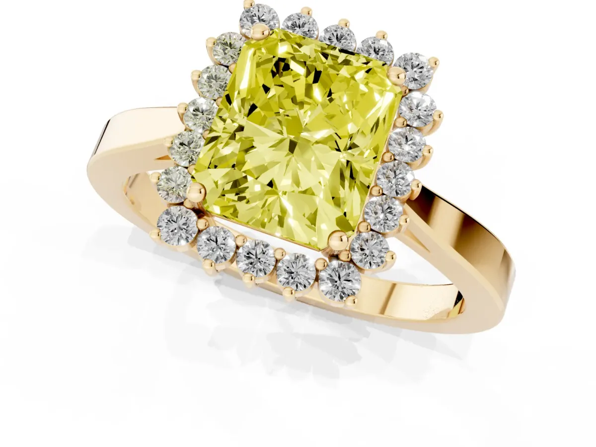 Fancy Yellow Radiant Cut Cut Diamond Halo Ring with Round Brilliant Halo and Solitaire Band Yellow gold