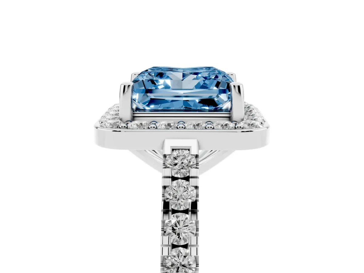 Fancy Blue Princess Cut Diamond Halo Ring with Round Pavé Split Shank and Prong Setting Silver