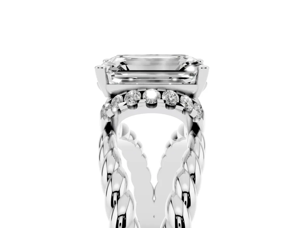 Emerald Cut Halo Twisted Band Four-Prong Ring Silver