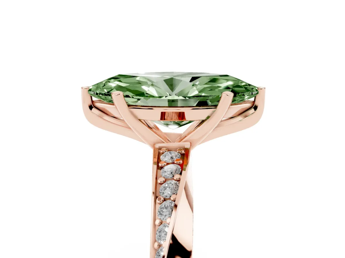 Fancy Green Marquise Cut Diamond Engagement Ring with Side Stone Accents and Four-Prong Setting Rose gold