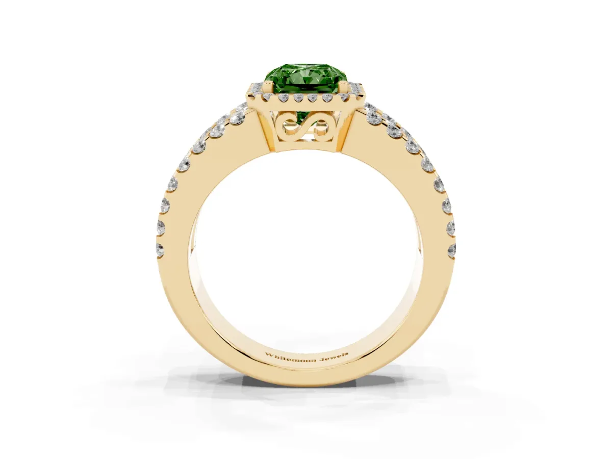 Fancy Green Radiant Cut Cut Halo Split Shank Diamond Ring with Four-Prong Setting Yellow gold