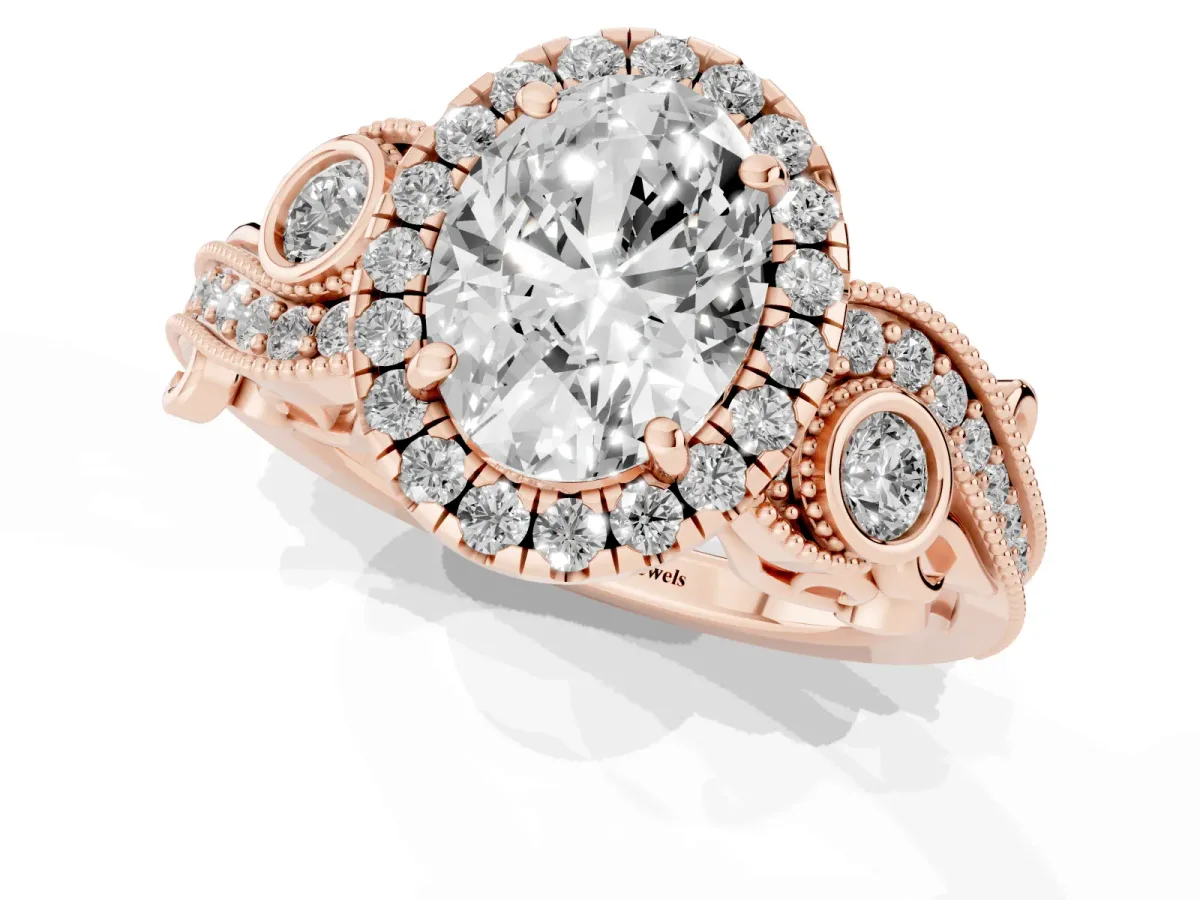Oval Cut Diamond Halo Ring with Milgrain Pavé Band and Four-Prong Setting Rose gold