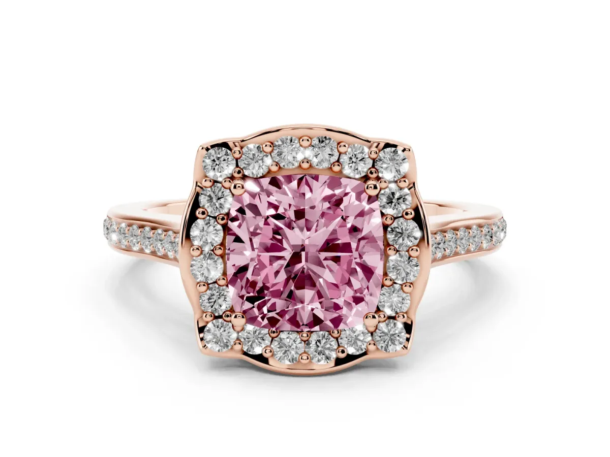 Fancy Pink Cushion Cut Halo Round Diamond Pave Band with Four-Prong Setting Rose gold