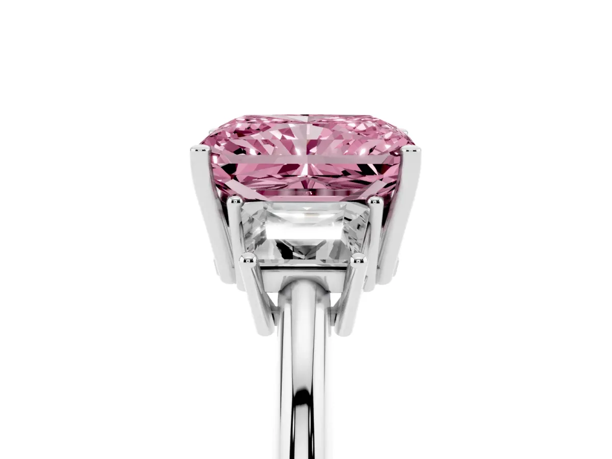 Fancy Pink Radiant Cut Diamond Three-Stone Ring with Trapezoid Side Stones and Prong Setting Silver