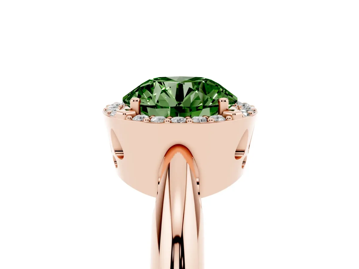 Fancy Green Round Cut Cut Diamond Halo Engagement Ring with Split Shank and Four-Prong Setting Rose gold