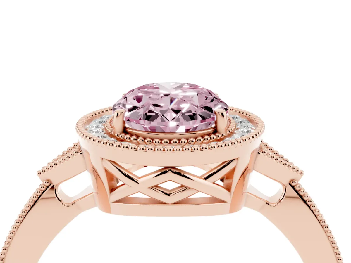 Fancy Pink Oval Cut Halo Round Diamond Milgrain Pave Engagement Ring Rose gold