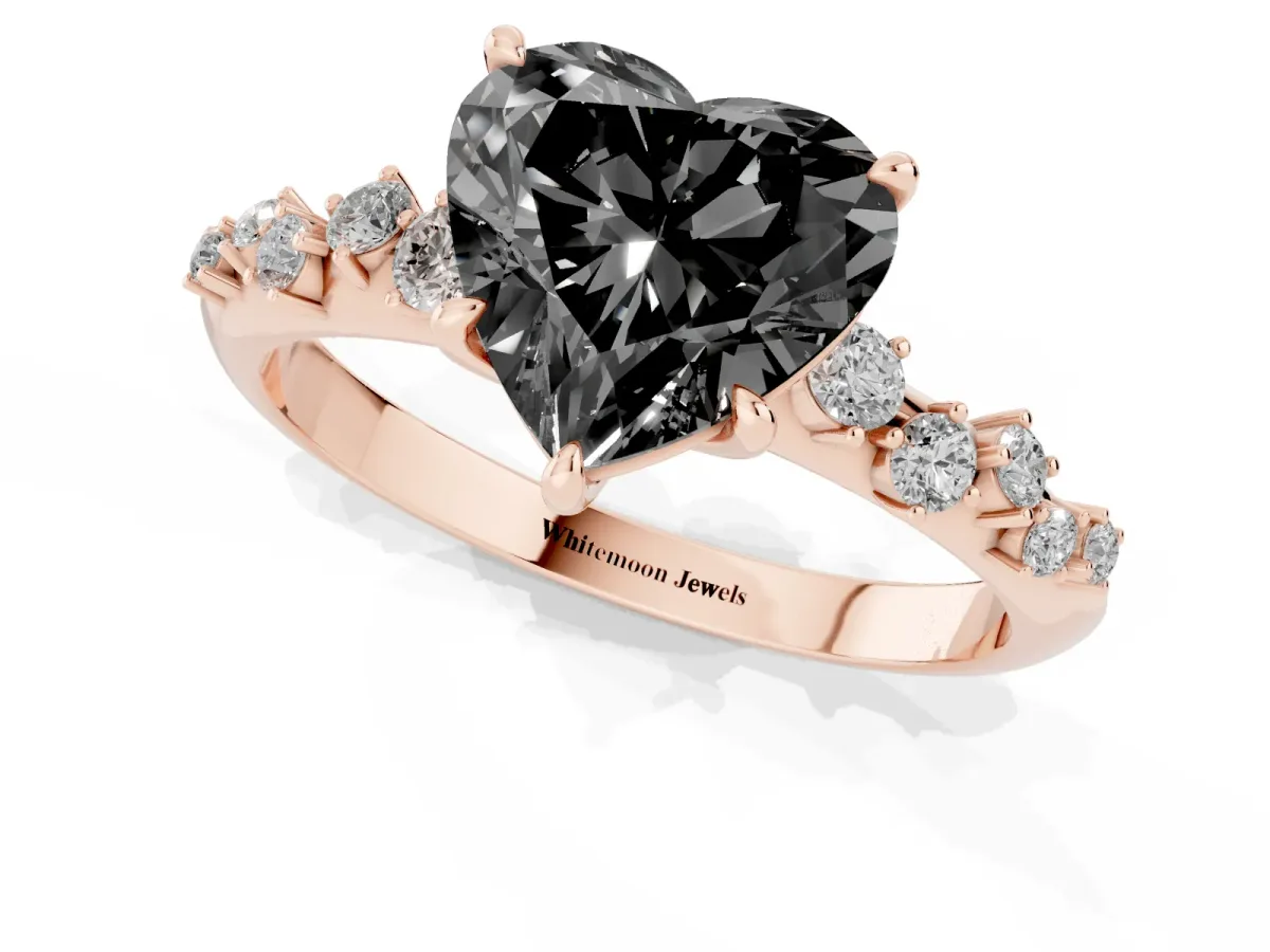 Fancy Black Heart Cut Diamond Cluster Side Stone Solitaire Ring with Prong Setting Rose gold