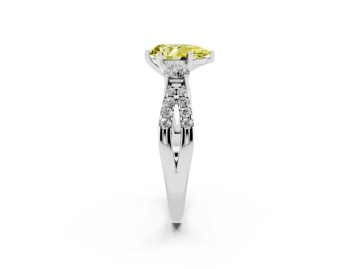 Fancy Yellow Pear Cut Diamond Three-Stone Ring with Pavé Split Shank and Four-Prong Setting Silver