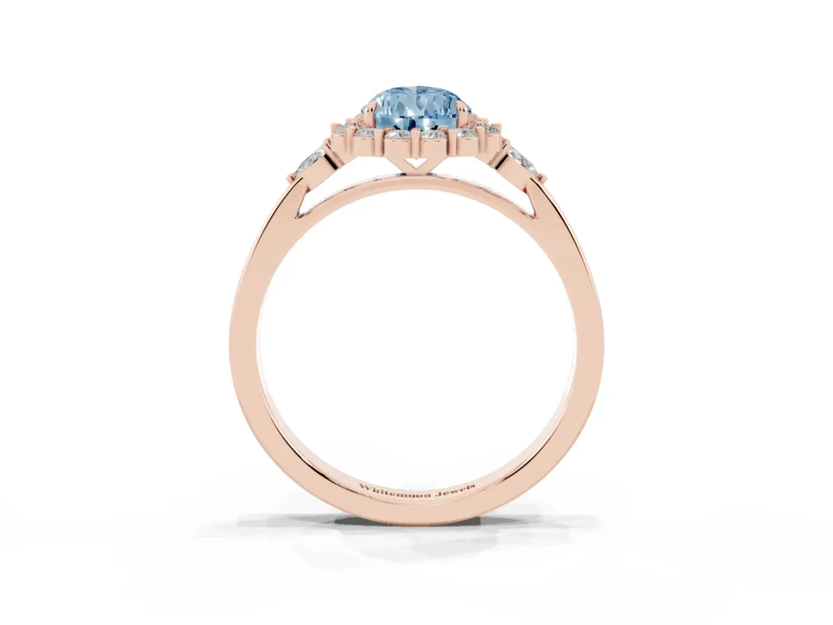 Fancy Blue Pear Cut Diamond Halo Ring with Pear Side Stones and Prong Setting Rose gold