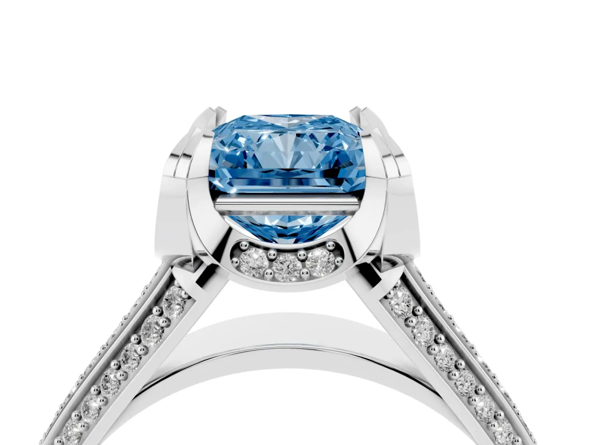 Fancy Blue Radiant Cut Solitaire Pave Split Shank Ring with Four-Prong Setting White gold