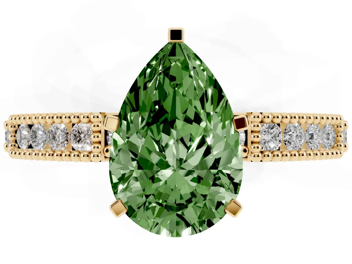 Fancy Green Pear Cut Solitaire with Pavé Band and Four-Prong Setting Yellow gold