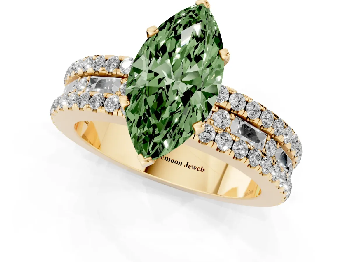 Fancy Green Marquise Cut Diamond Solitaire Ring with Pavé and Channel Set Band Yellow gold