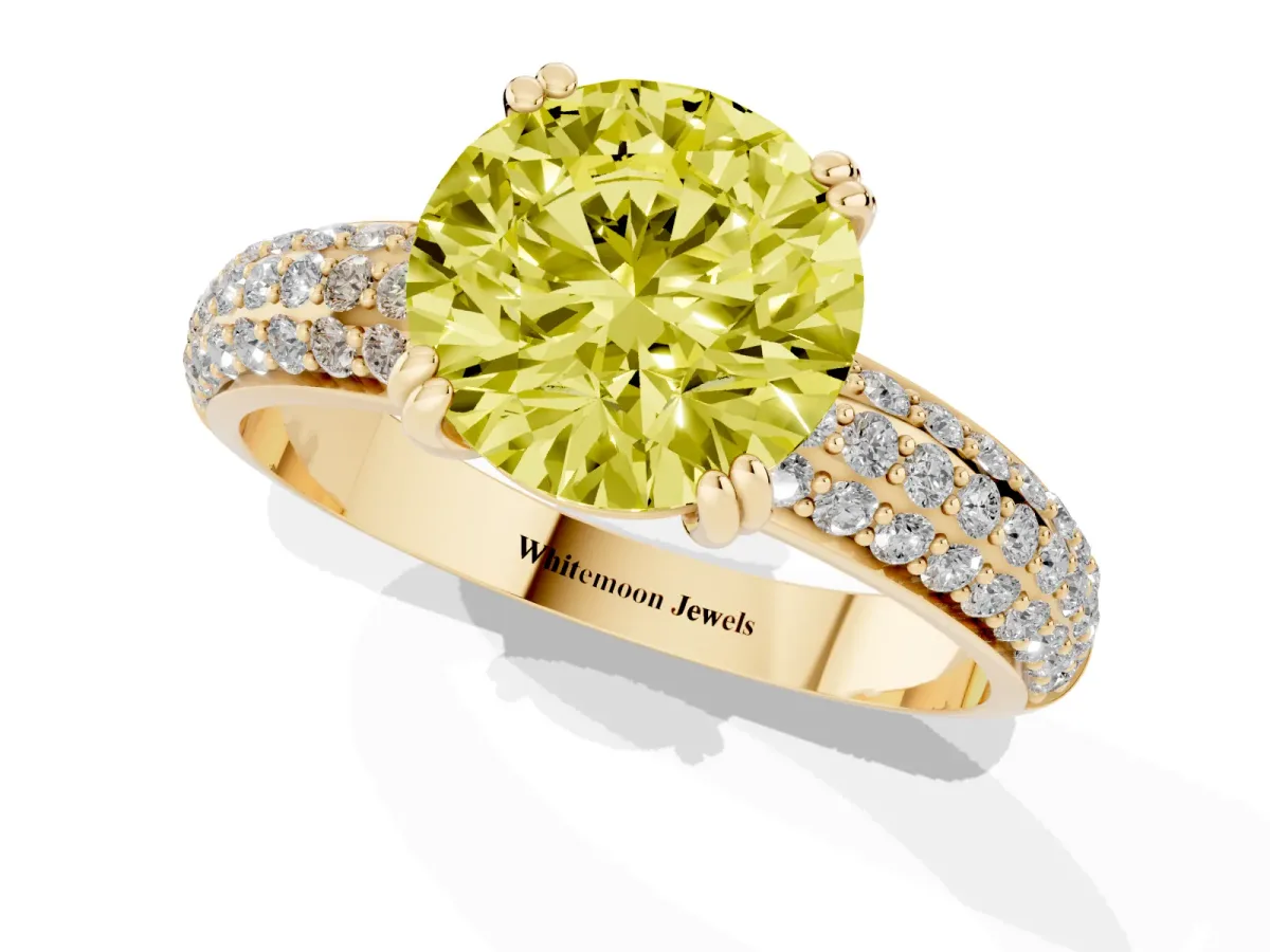 Fancy Yellow Round Cut Diamond Solitaire Ring with Multi-Row Round Pavé Band and Prong Setting Yellow gold