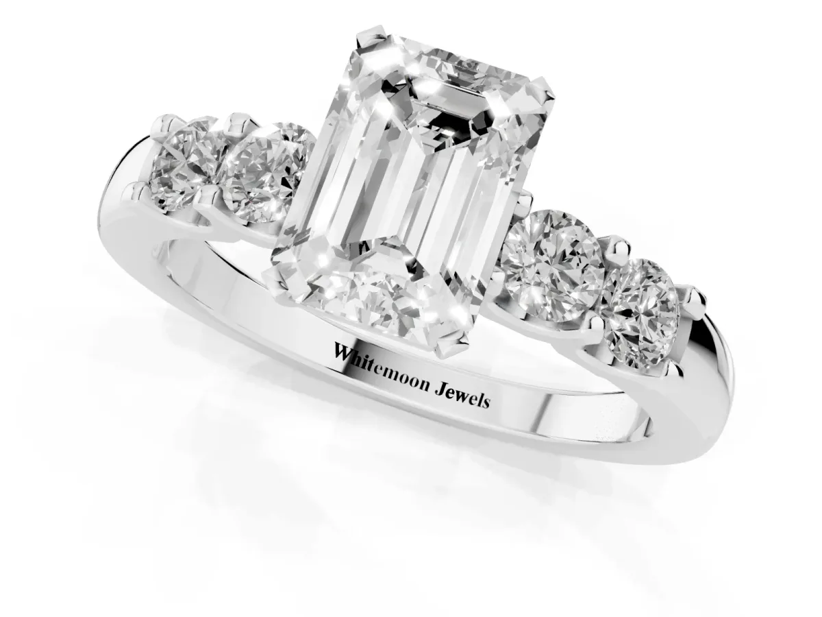Emerald Cut Brilliant Cut Diamond Five-Stone Prong Set Engagement Ring with Channel Band Silver