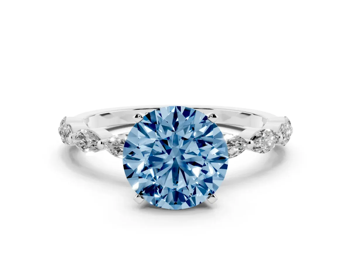 Fancy Blue Round Cut Diamond Ring with Marquise Side Stones and Prong Setting Platinum
