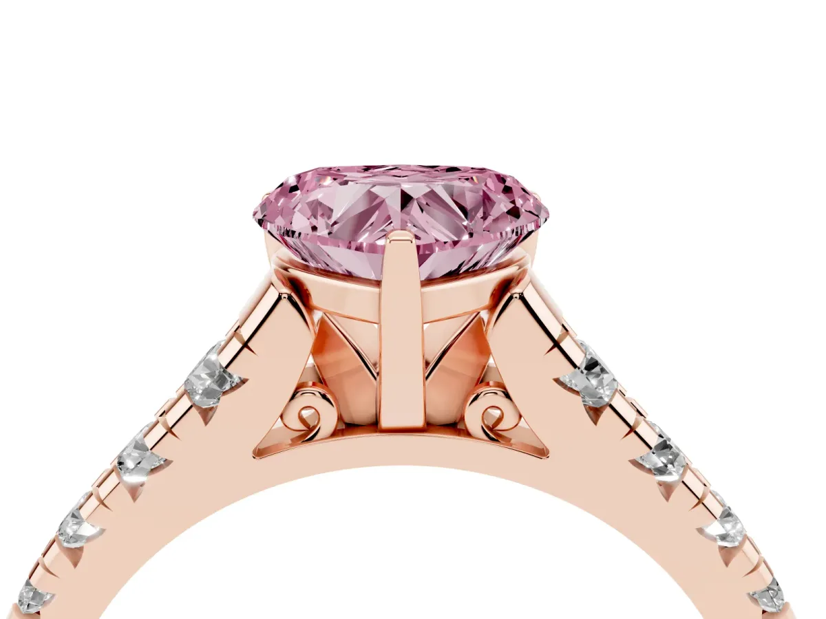 Fancy Pink Heart Cut Diamond Cathedral Solitaire Ring with Round Pavé Band Rose gold
