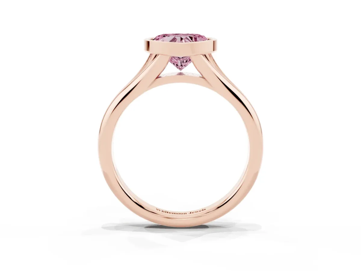 Fancy Pink Bezel Set Heart Cut Solitaire Diamond Ring with Smooth Band Rose gold