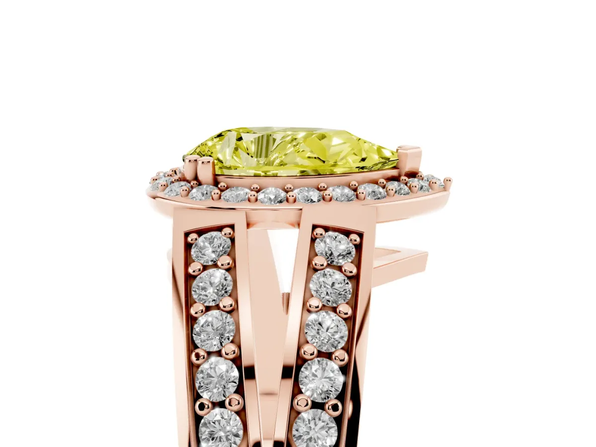 Fancy Yellow Pear Cut Diamond Halo Ring with Split Shank Pavé Band and Four-Prong Setting Rose gold