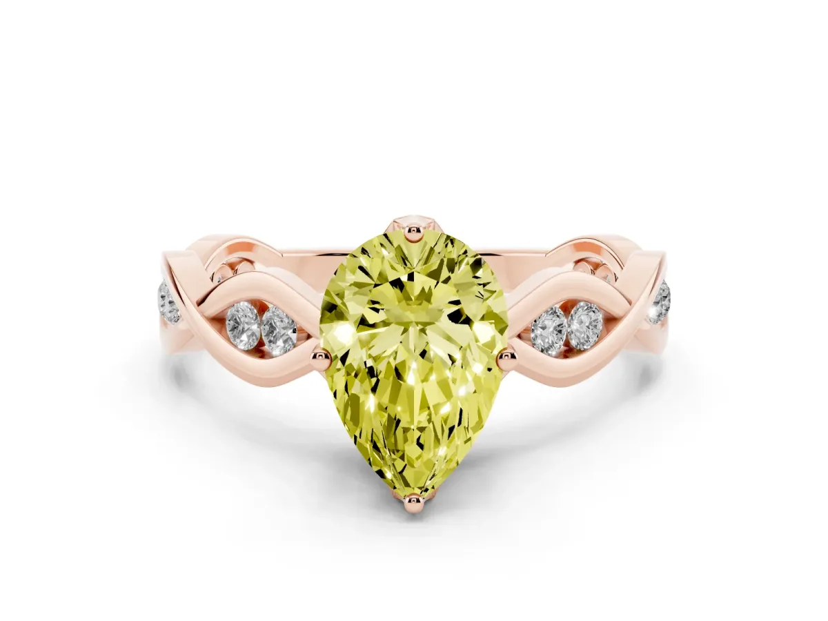 Fancy Yellow Pear Cut Solitaire Twist Band with Leaf Prong Setting Rose gold