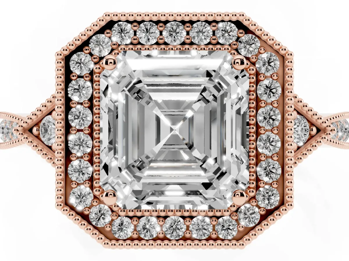 Asscher Cut Halo Round Diamond Milgrain Pave Engagement Ring Rose gold