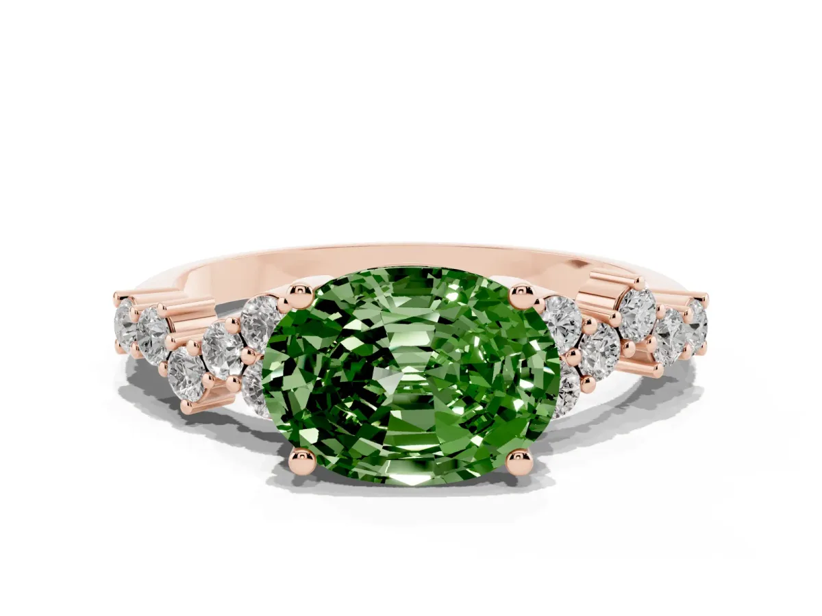Fancy Green Oval Cut Diamond Scattered Round Accent Ring with Prong Setting Rose gold