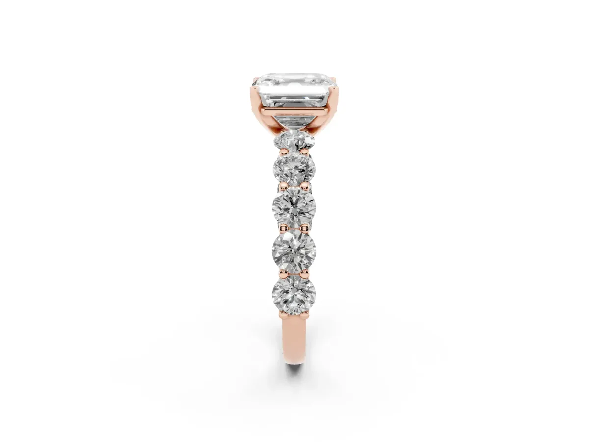 Asscher Cut Diamond Prong Setting with Side Stones on a Pave Band Rose gold