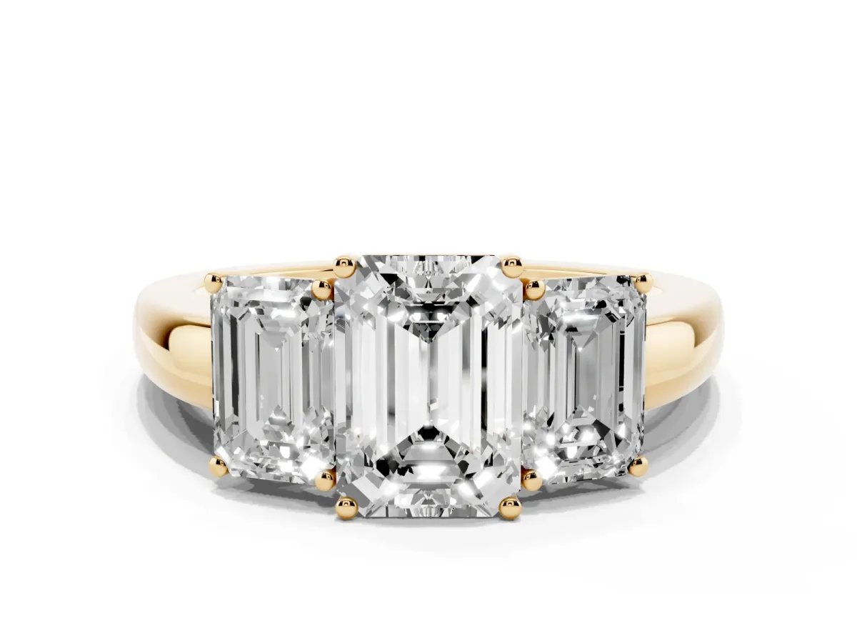 Emerald Cut Diamond Three-Stone Ring with Four-Prong Setting and Classic Band Yellow gold