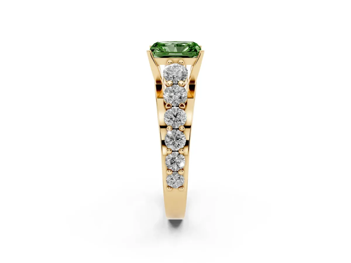 Fancy Green Radiant Cut Diamond Engagement Ring with Pavé Band and Four-Prong Setting Yellow gold