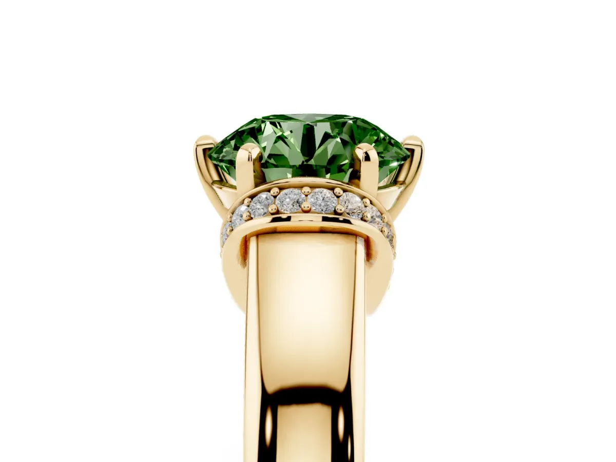 Fancy Green Round Cut Solitaire Diamond Ring with Pave Band and Six-Prong Setting Yellow gold