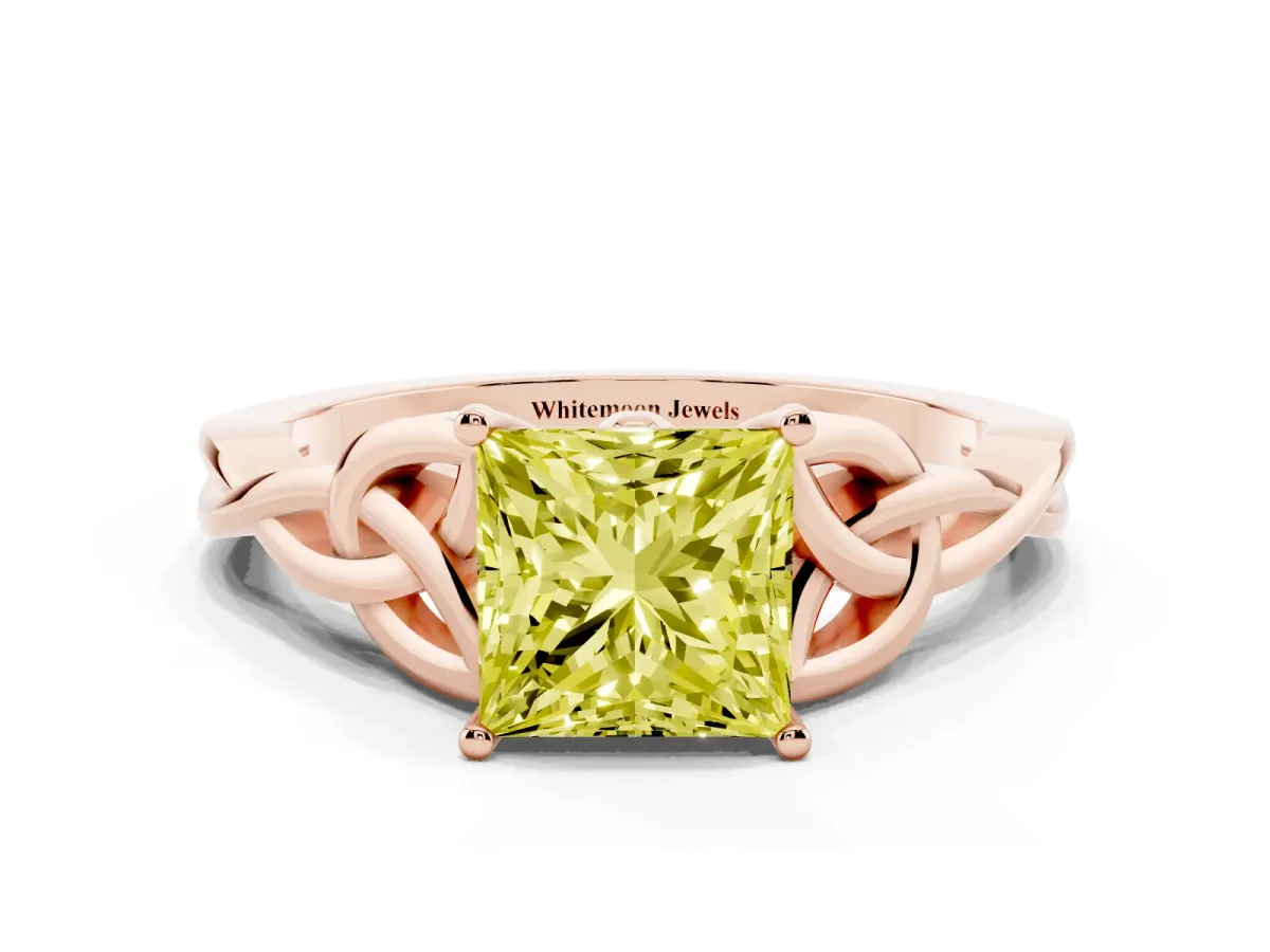 Fancy Yellow Princess Cut Diamond Solitaire Engagement Ring with Celtic Knot Band and Four-Prong Setting Rose gold