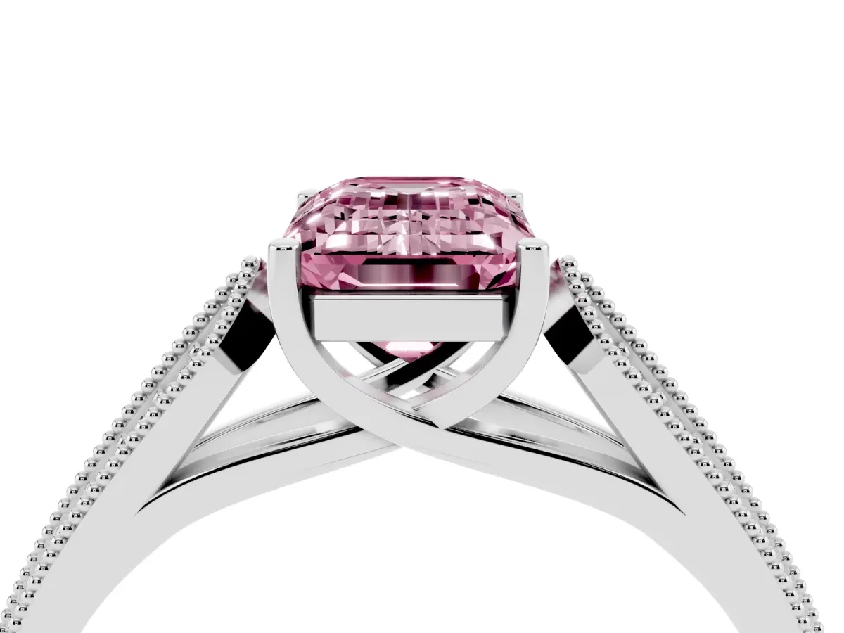 Fancy Pink Emerald Cut Cut Pave Split Shank Engagement Ring with Four-Prong Setting White gold