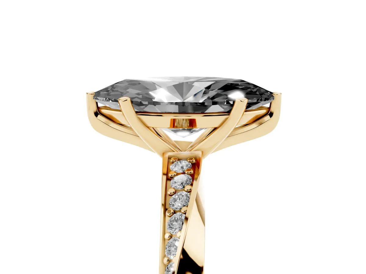 Fancy Black Marquise Cut Diamond Engagement Ring with Side Stone Accents and Four-Prong Setting Yellow gold