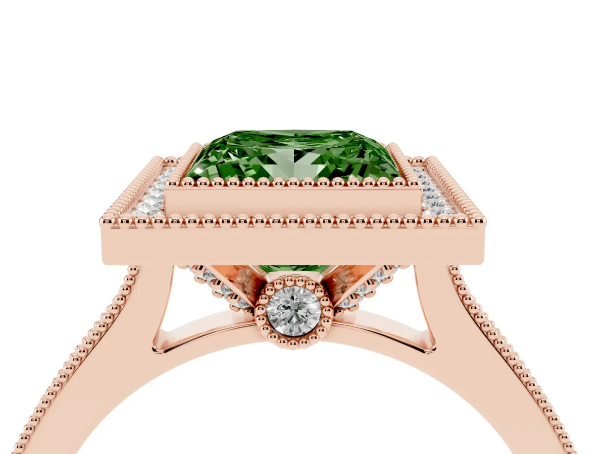 Fancy Green Halo Princess Cut-Cut Diamond Pave Band Milgrain Prong Setting Ring Rose gold