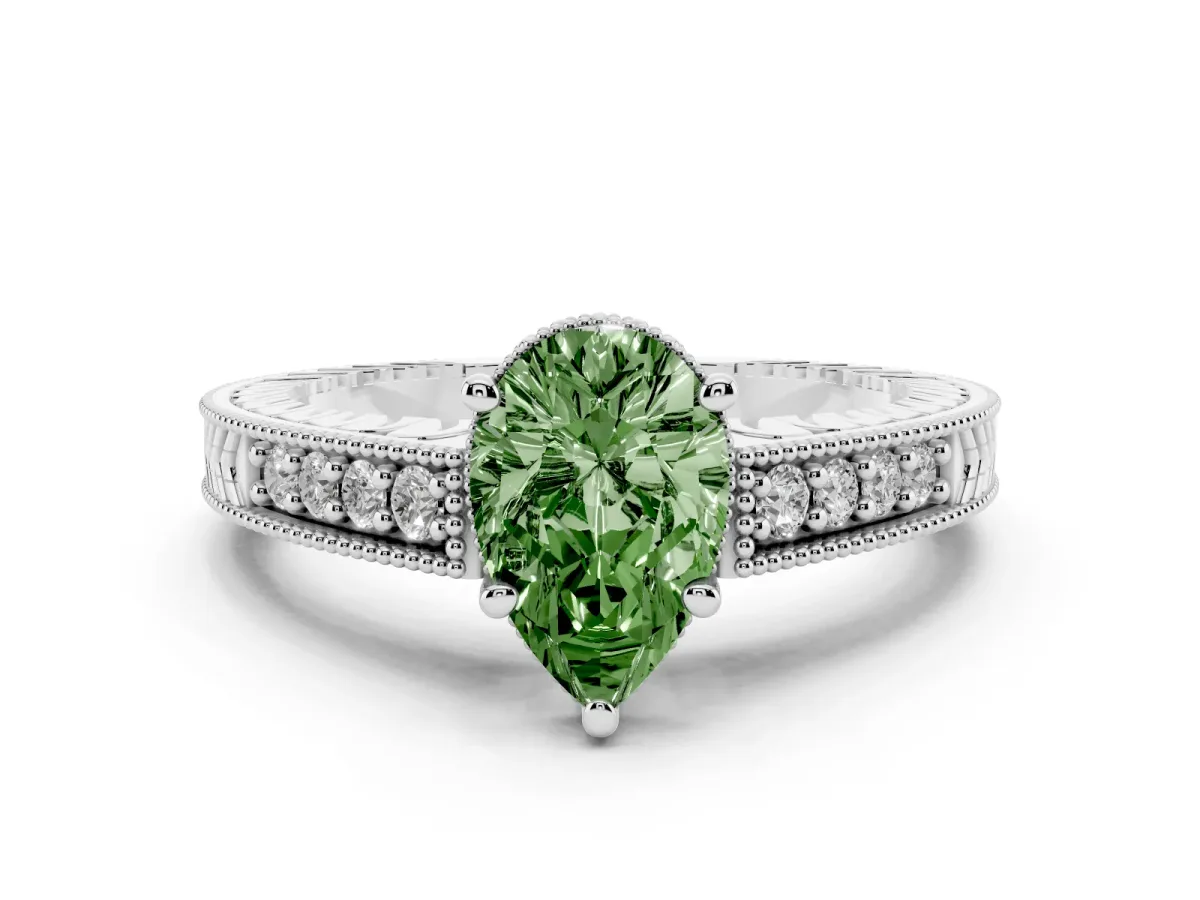 Fancy Green Pear Cut Solitaire Pavé Diamond Milgrain Engagement Ring with Four-Prong Setting Silver